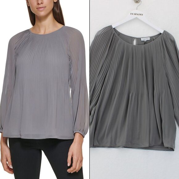 Calvin Klein Long Sleeve Pleated Chiffon Bl Tin XL - Picture 1 of 3